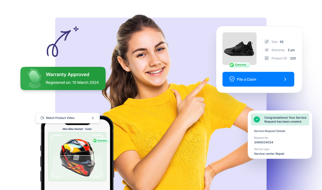 Smiling customer showcases digital warranty management with approved claims and product service verification